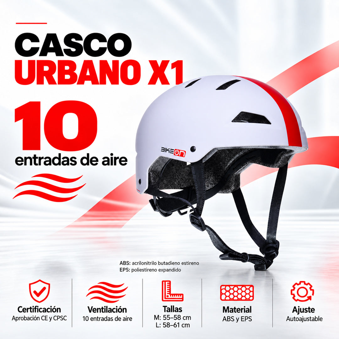 Casco urbano X1 para bicicleta en blanco y rojo, con 10 entradas de aire y ajuste en tallas M y L.