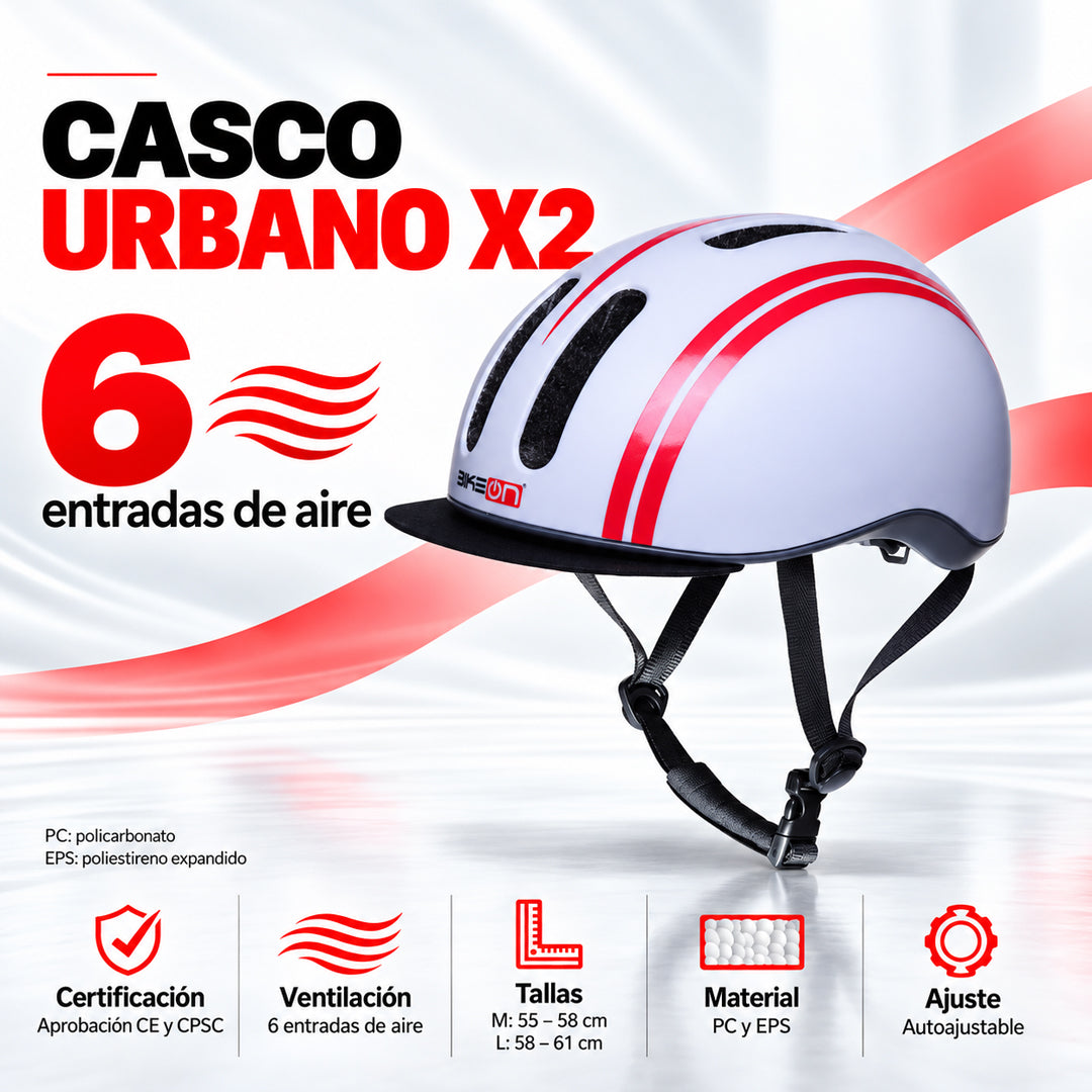 Casco urbano X2 para bicicleta en blanco y rojo, con visera negra, seis entradas de aire y ajuste en tallas M y L.