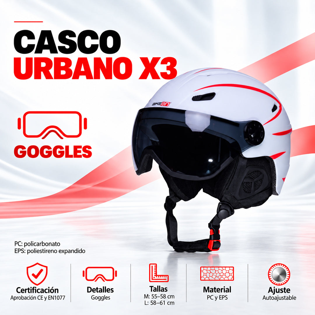 Casco urbano X3 para bicicleta en blanco y rojo, con goggles integrados y ajuste en tallas M y L.