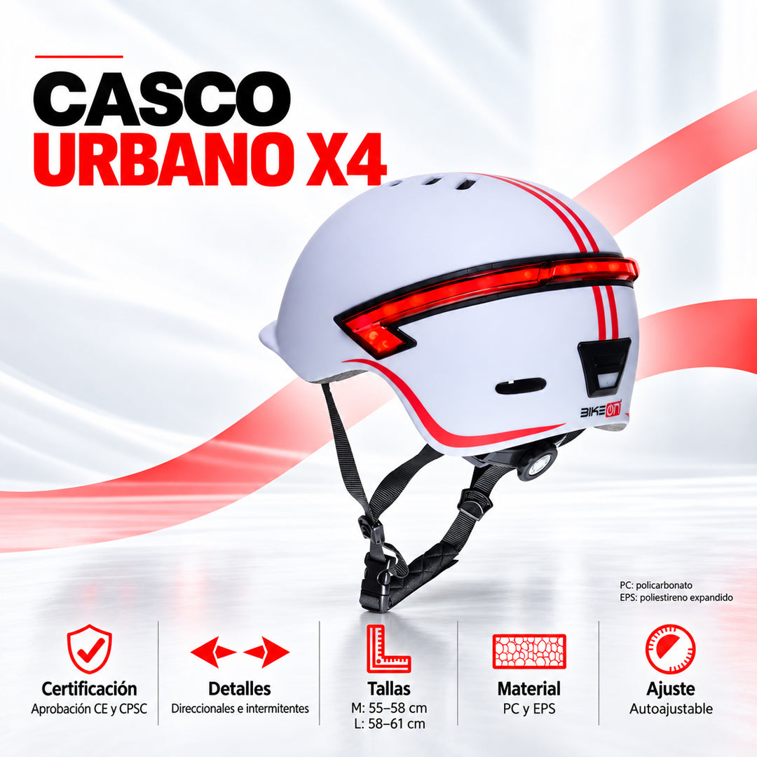 Casco urbano X4 para bicicleta en blanco y rojo, con luces direccionales e intermitentes y ajuste en tallas M y L.