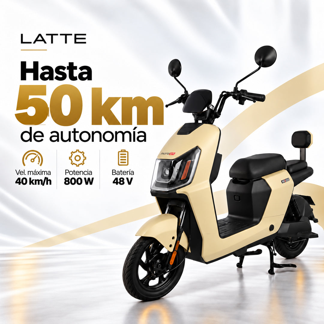 Bicimoto eléctrica Latte color beige de BikeOn con motor 800W, velocidad máxima de 40 km/h y autonomía de 50 km