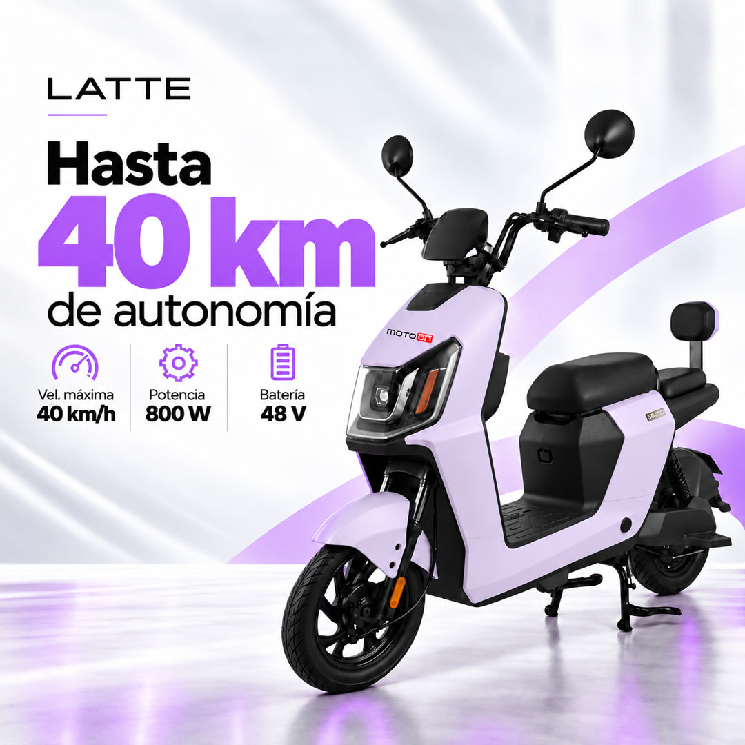 Bicimoto eléctrica Latte color lila con potencia 800W, autonomía 40km y velocidad máxima 40km/h