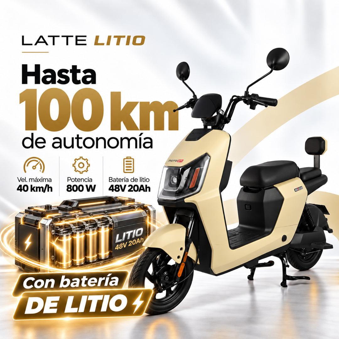 Bicimoto eléctrica Latte Litio beige con batería 48V 20Ah, 800W de potencia, 100km de autonomía y 40km/h de velocidad máxima.