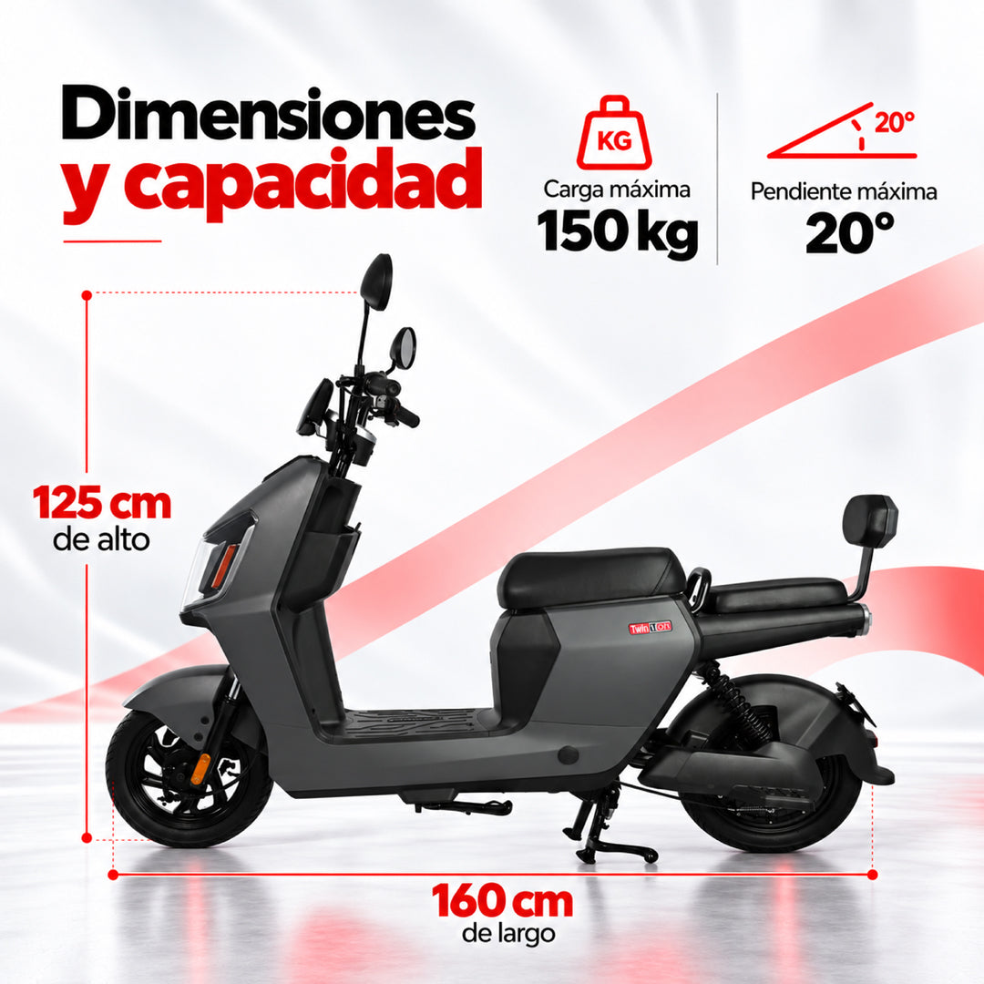 Bicimoto eléctrica Latte Litio negra con especificaciones: 150 kg carga máxima, 125 cm alto, 160 cm largo, pendiente máxima 2