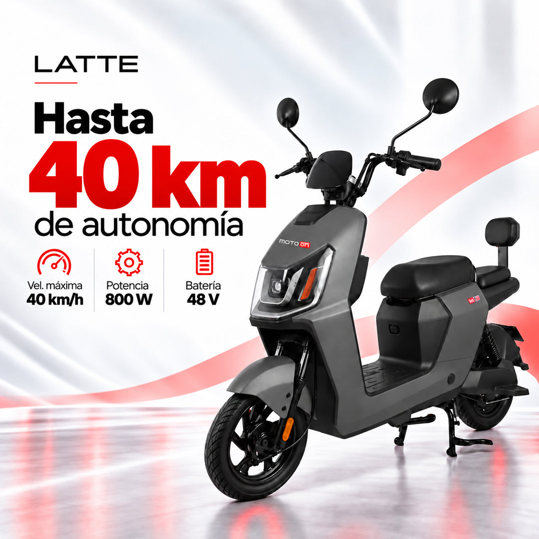 Bicimoto eléctrica Latte negra con autonomía de 40 km y velocidad máxima de 40 km/h, potencia 800 W.