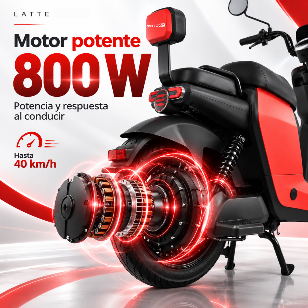 Bicimoto eléctrica Latte roja con motor potente 800W, velocidad máxima 40 km/h y autonomía de 40 km.