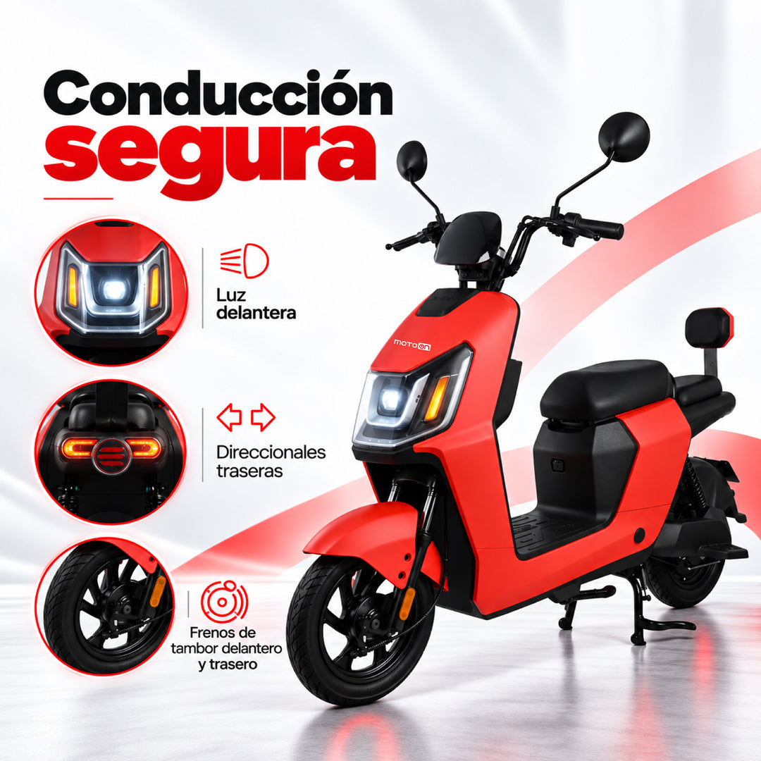 Bicimoto eléctrica Latte roja con características de conducción segura: luz delantera, direccionales traseras y frenos delanteros