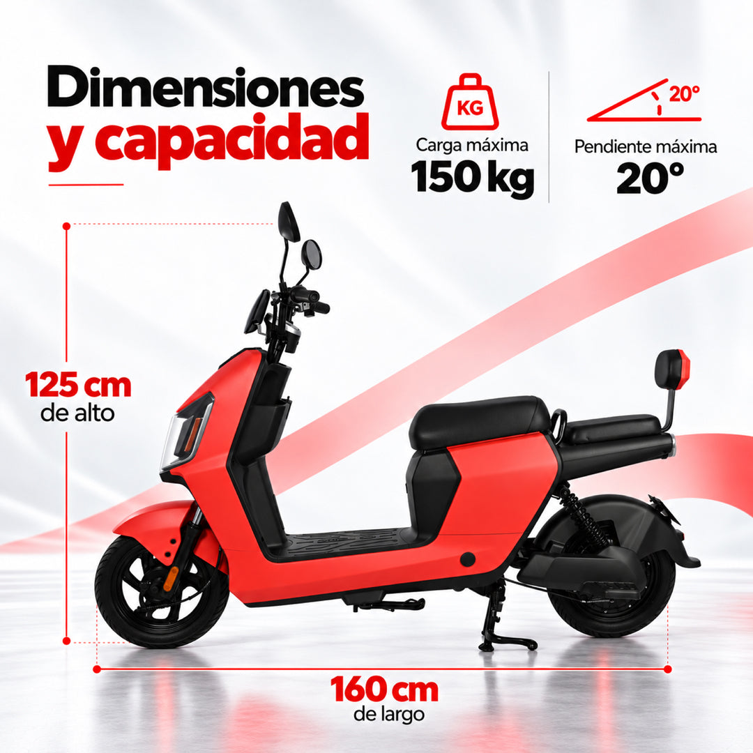 Bicimoto eléctrica Latte roja con especificaciones: carga máxima 150 kg, pendiente máxima 20°, 125 cm de alto, 160 cm de largo