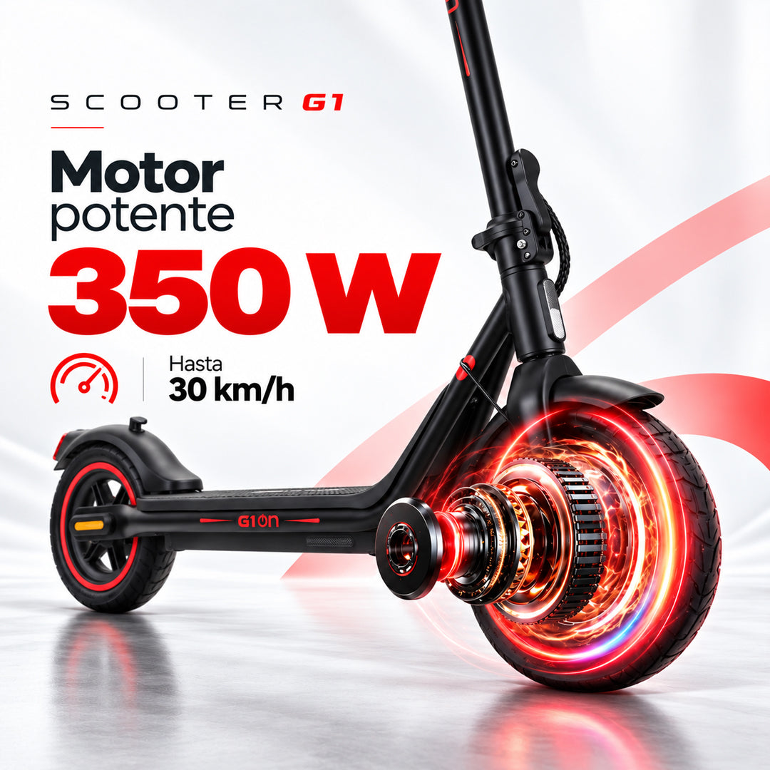 Scooter eléctrico G1 con motor potente 350W, alcanza hasta 30 km/h, diseño negro con rueda trasera iluminada en rojo