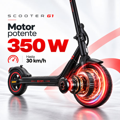 Scooter eléctrico G1 con motor potente 350W, alcanza hasta 30 km/h, diseño negro con rueda trasera iluminada en rojo