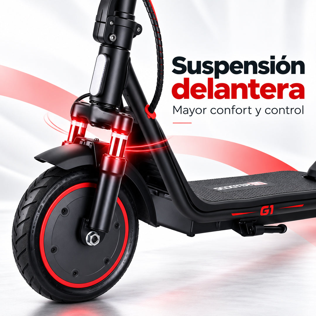 Scooter eléctrico G1 BikeOn con suspensión delantera, 350W de potencia y autonomía de 30 km, diseño negro y rojo