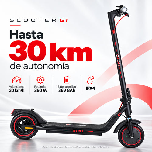 Scooter eléctrico G1 negro con detalles rojo, 350W, batería 36V 8Ah, hasta 30km de autonomía
