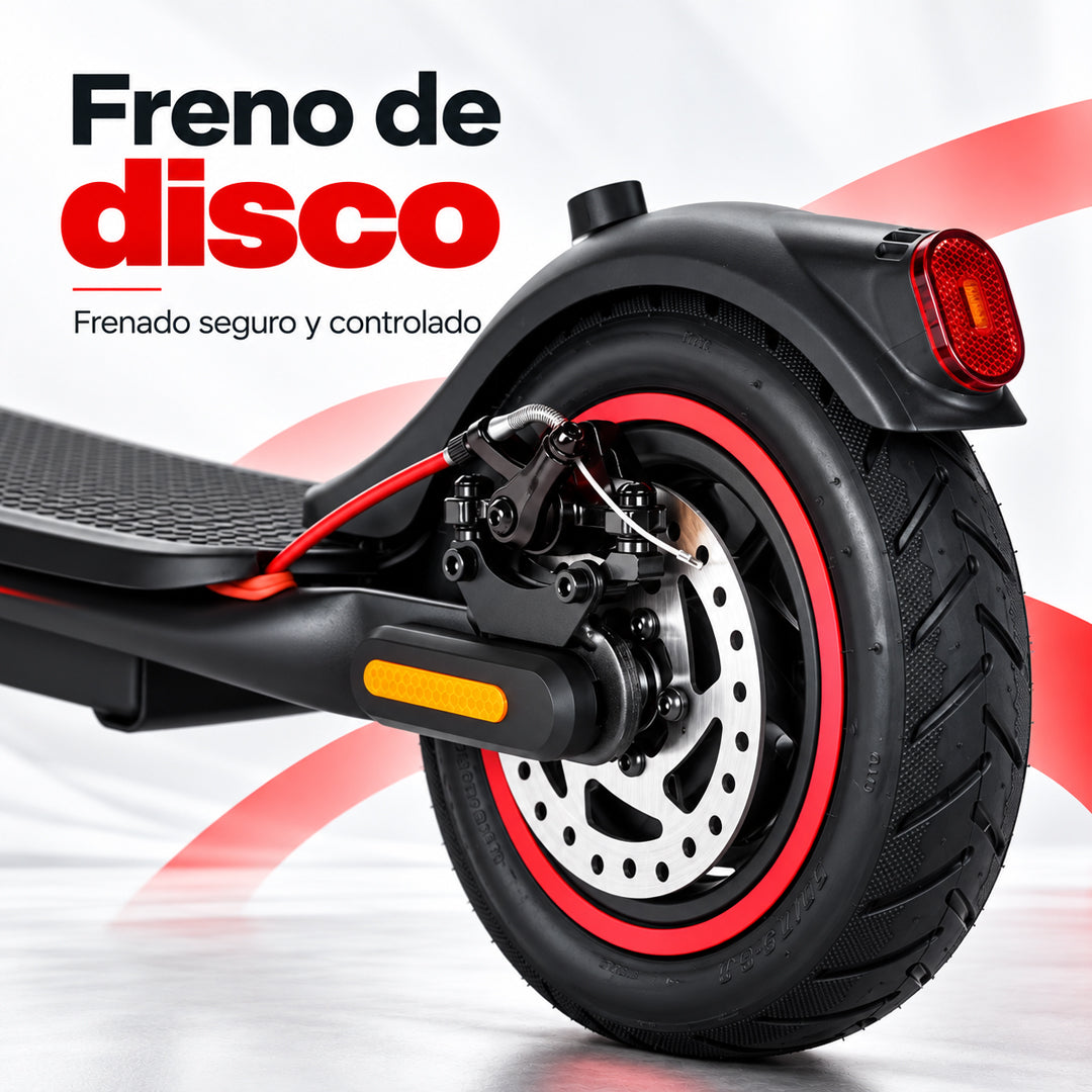 Scooter eléctrico G1 BikeOn con freno de disco, batería 36V y autonomía de 30 km, diseño negro y rojo.