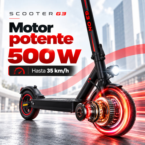Scooter eléctrico G3 con motor potente 500W, alcanza hasta 35 km/h, diseño negro con detalles en rojo y rueda iluminada.