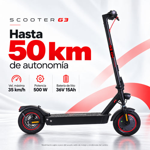 Scooter eléctrico G3 negro con detalles rojos, 500W, autonomía hasta 50km, velocidad máxima 35km/h, batería litio 36V.