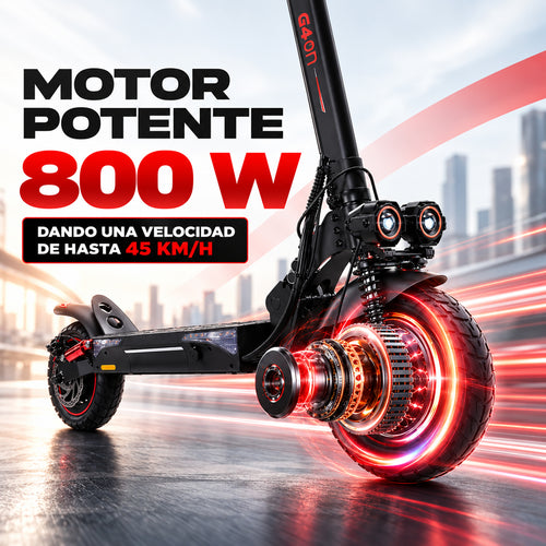 Scooter eléctrico G4 con motor potente 800W, ruedas iluminadas en rojo, alcanza 45 km/h en ciudad.