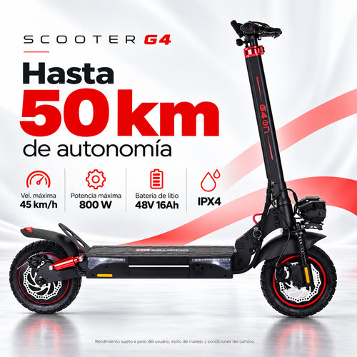 Scooter eléctrico G4 con autonomía de 50 km, potencia de 800 W y velocidad máxima de 45 km/h, batería litio 48V 16Ah