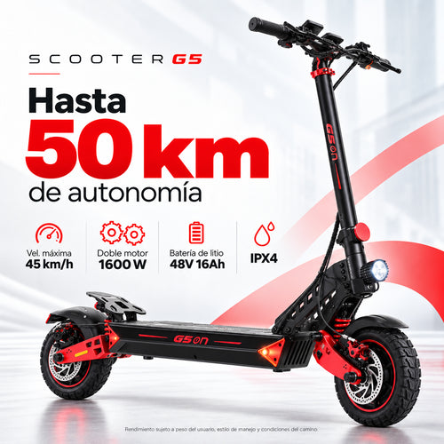 Scooter eléctrico G5 con motor dual 1600W, autonomía de 50km y velocidad máxima de 45km/h, batería litio 48V 16Ah