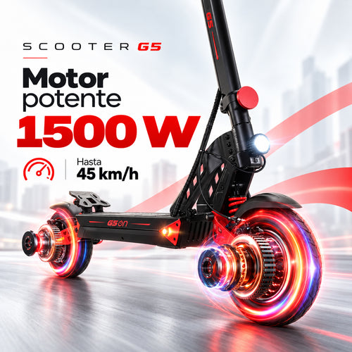 Scooter eléctrico G5 con motor potente de 1500W, velocidad máxima 45 km/h, luces LED rojas, diseño negro deportivo.